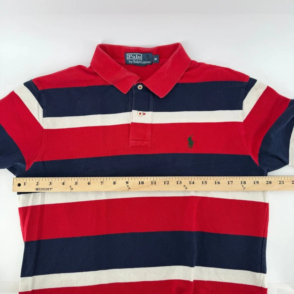 Polo Ralph Lauren Polo Shirt Mens M Red Navy Blue Striped Short Sleeve Pique
